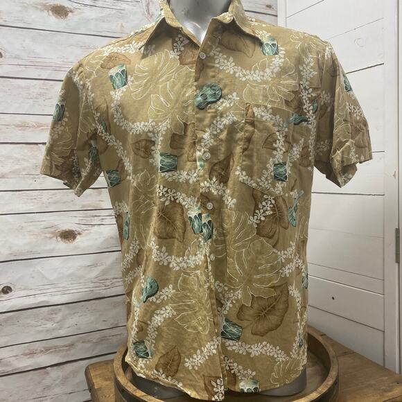 Stitch Hawaiian Men's Camp Aloha Shirt Ukulele Bongo Drums Tropical Print Tan L - Picture 1 of 9